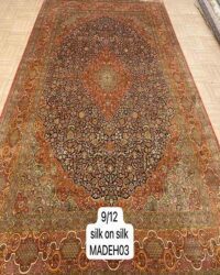 Old ruth oriental rug in size 9x12 feet made in silk on silk black rust colour