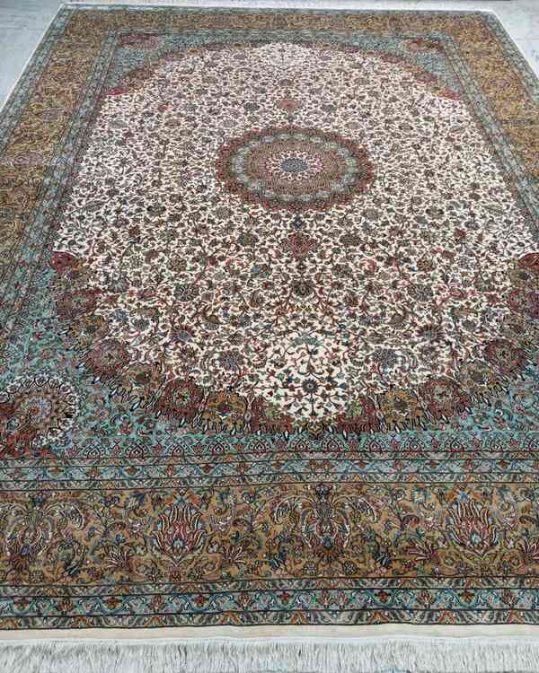 Old sabrina oriental rug in size 9x12 feet made in silk on silk ivory blue colour